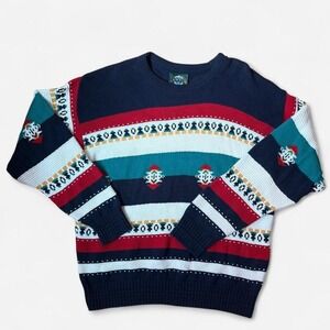Vtg 90s Jantzen Sweater Patterned Men's L Great Colors Navy Blue Red White Green